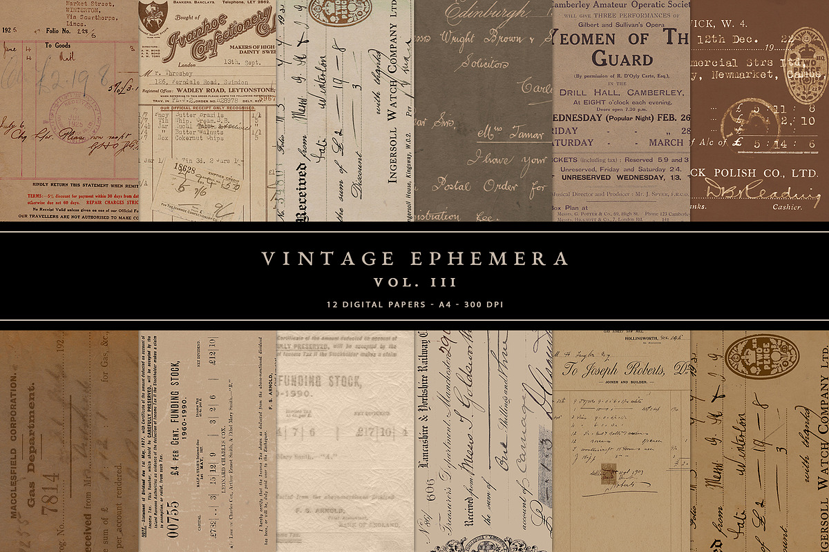 12 Vintage Ephemera Digital Papers, a Background Graphic by With Love Ethel