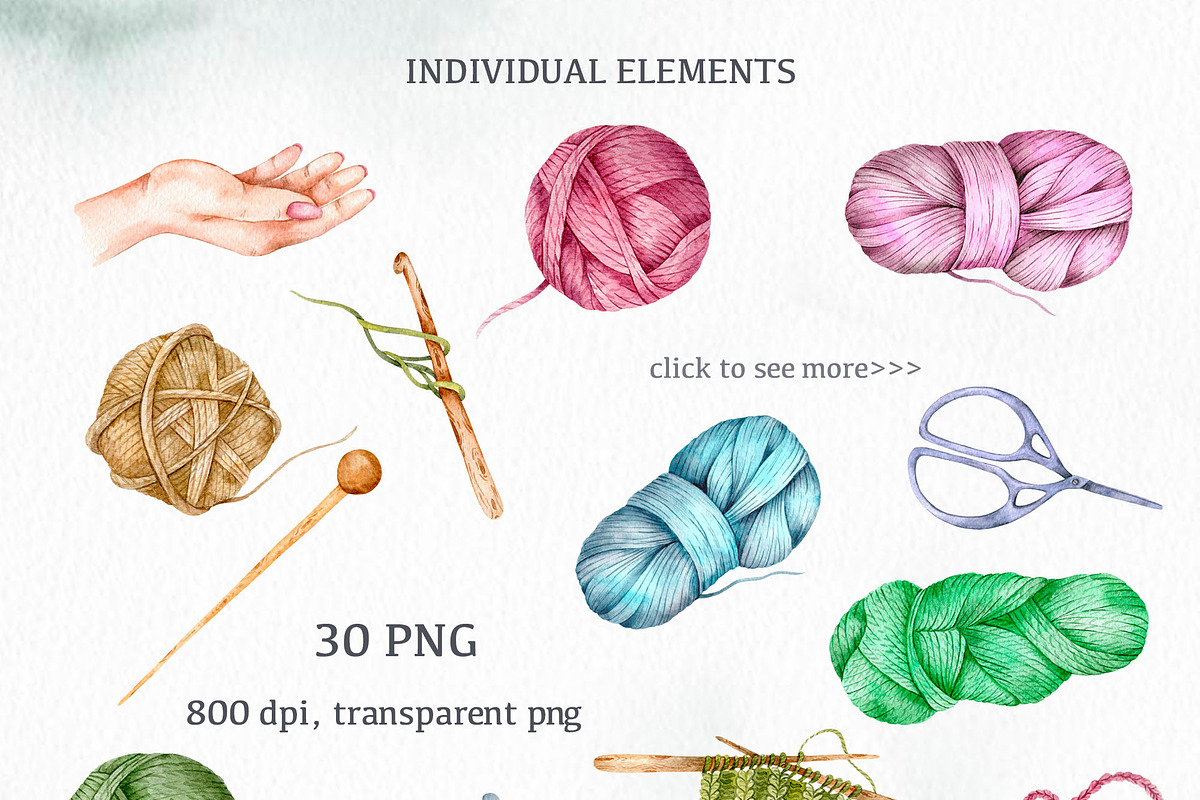 Knitting & Crochet Watercolor, an Object Illustration by CaraulanStore (Photo 3 of 7)