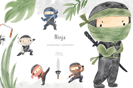 NINJA. Watercolor clipart, an Illustration by OlliArtDesign