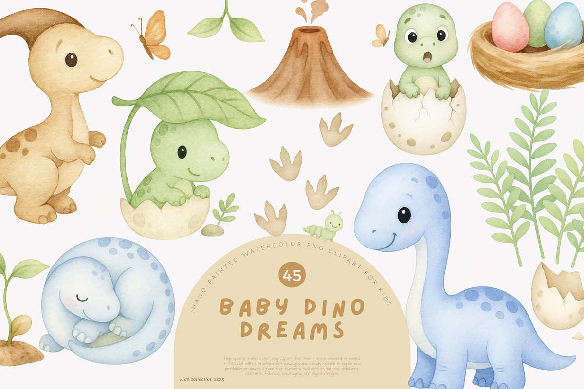 baby dino watercolor clipart set, an Animal Illustration by Pink Studio Art (Photo 1 of 8)