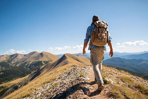 Hiker on a mountain ridge with scenic views, a Person Photo by AlyaAnd