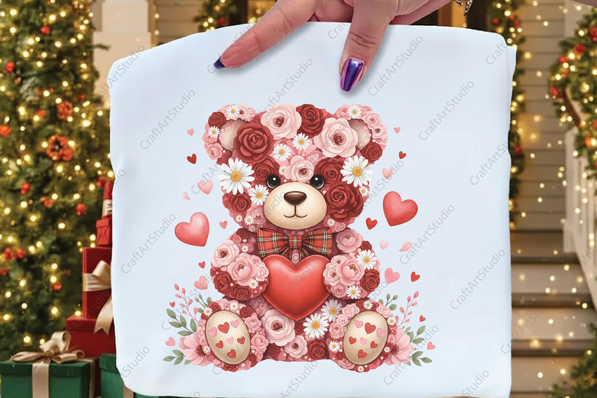 Pink Floral Valentine Teddy Bear PNG, an Illustration by CraftArtStudio (Photo 2 of 4)