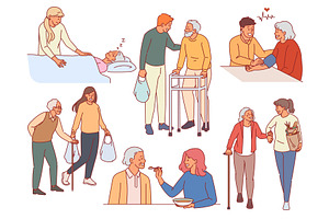 Volunteers help elderly people. Guys, an Object Illustration by YummyBuum