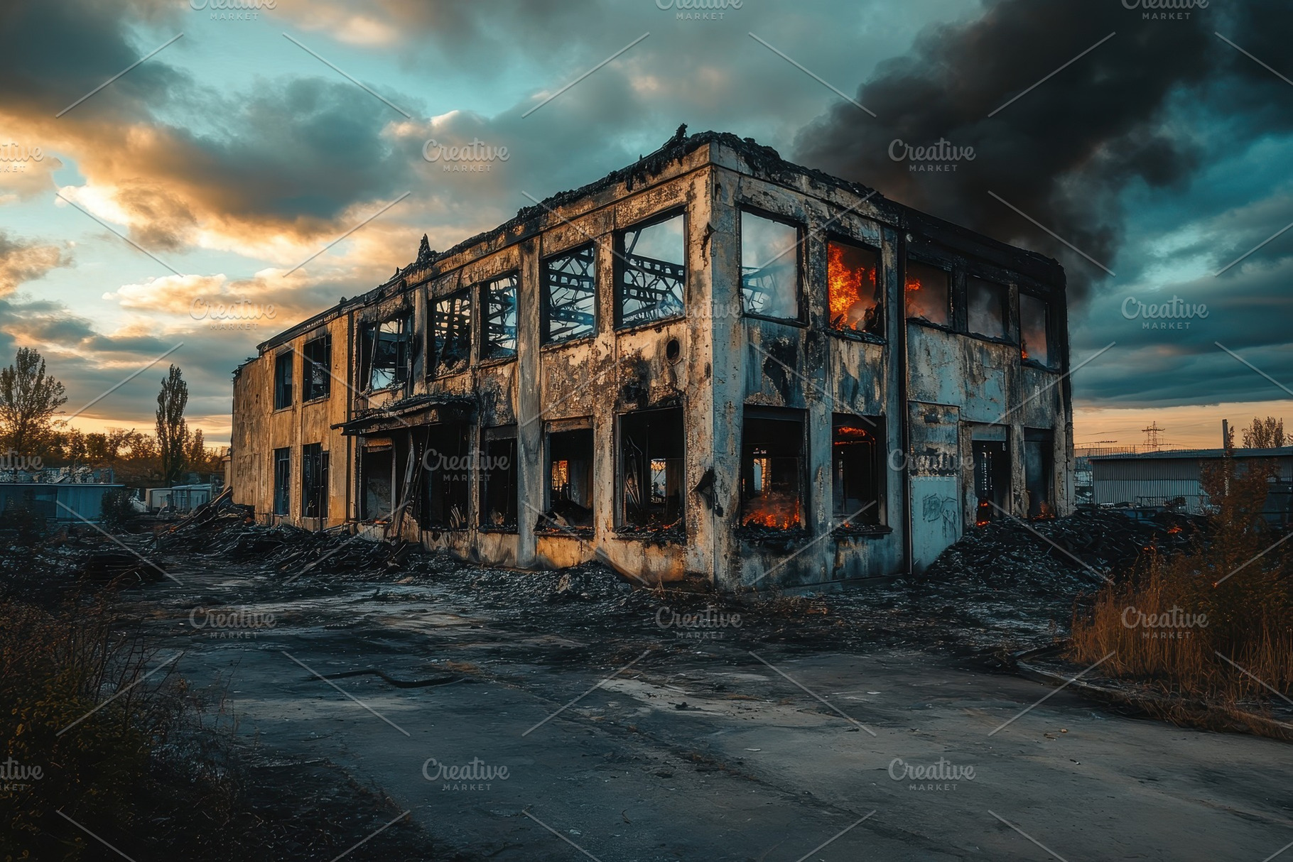 Burned out building surrounded, a Photo by Pavel_design
