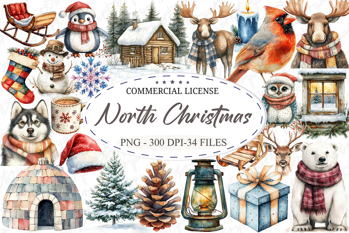 North Christmas Watercolor Clipart, an Illustration by designcity5 (Photo 1 of 5)
