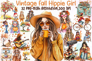 Vintage Fall Hippie Girl Clipart Bun, an Illustration by Sublimation Artist