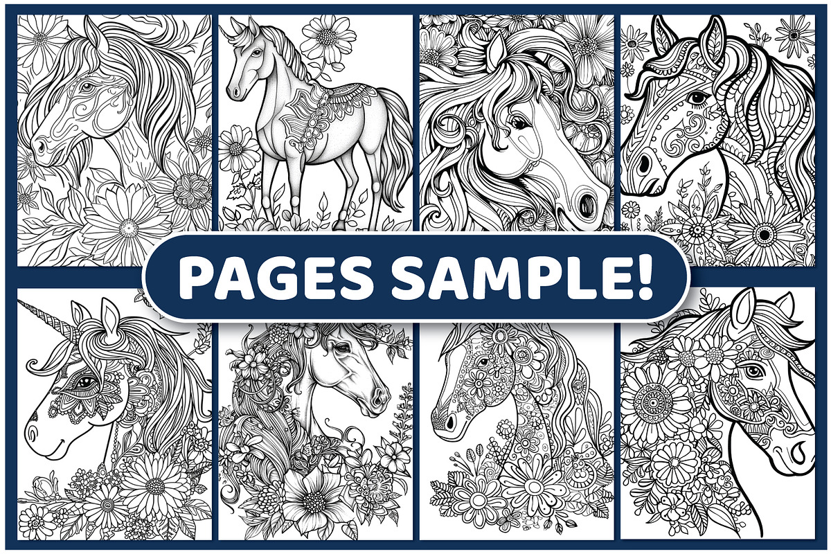 200 Flower Horse Coloring Pages, an Animal Illustration by BrightMart (Photo 2 of 3)