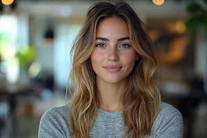 Portrait of cute woman on blurred living room background, a Person Photo by AlyaAnd