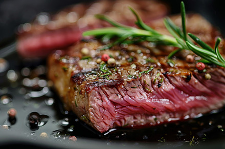 A perfectly cooked steak displays a, a Photo by Tanuart
