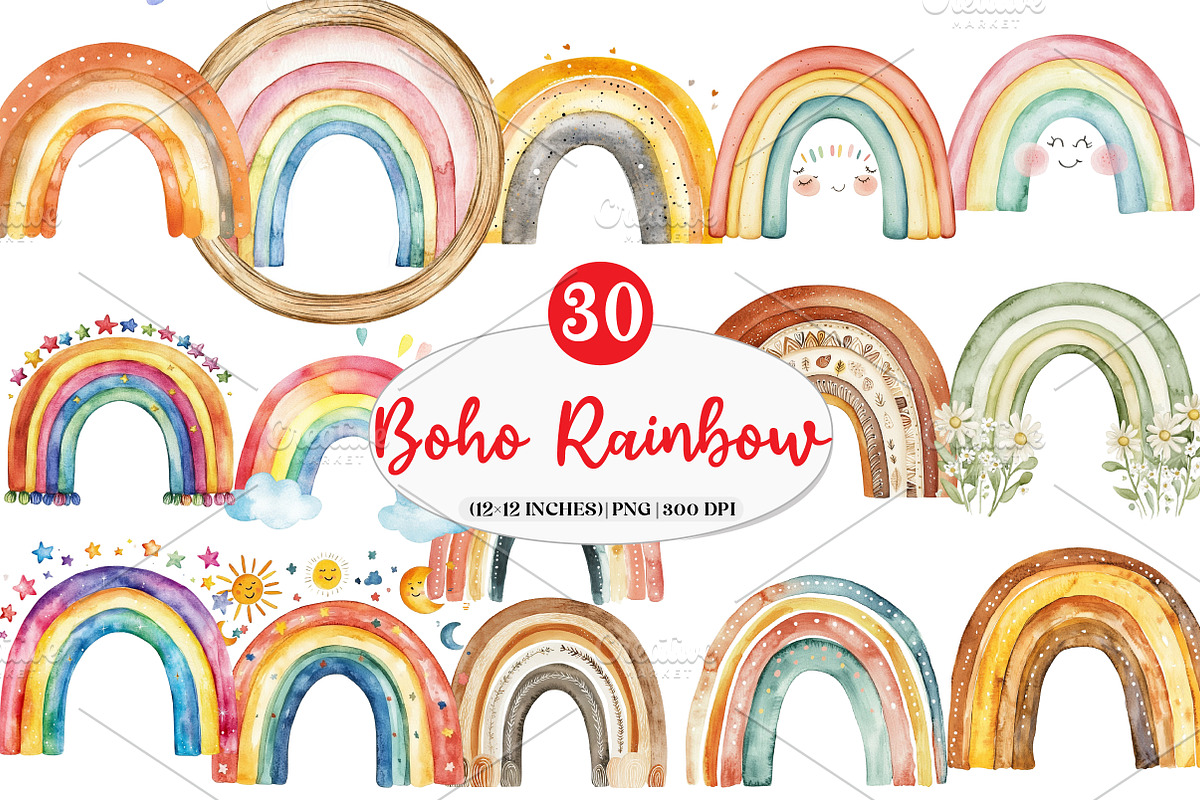 Boho Rainbow Watercolor Clipart, an Illustration by Watercolor design (Photo 1 of 4)