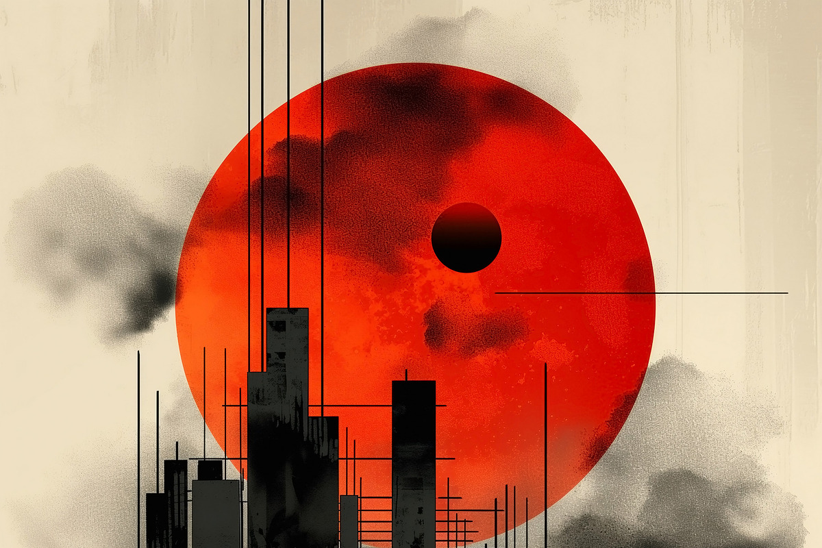 Abstract artwork featuring a bold red sun over a silhouette of m, a Decorative Illustration by ImageMir