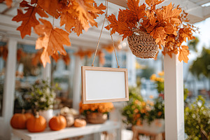 Charming autumn decor with hanging leaves and pumpkins in a vibrant outdoor set, a Holiday Photo by AlyaAnd