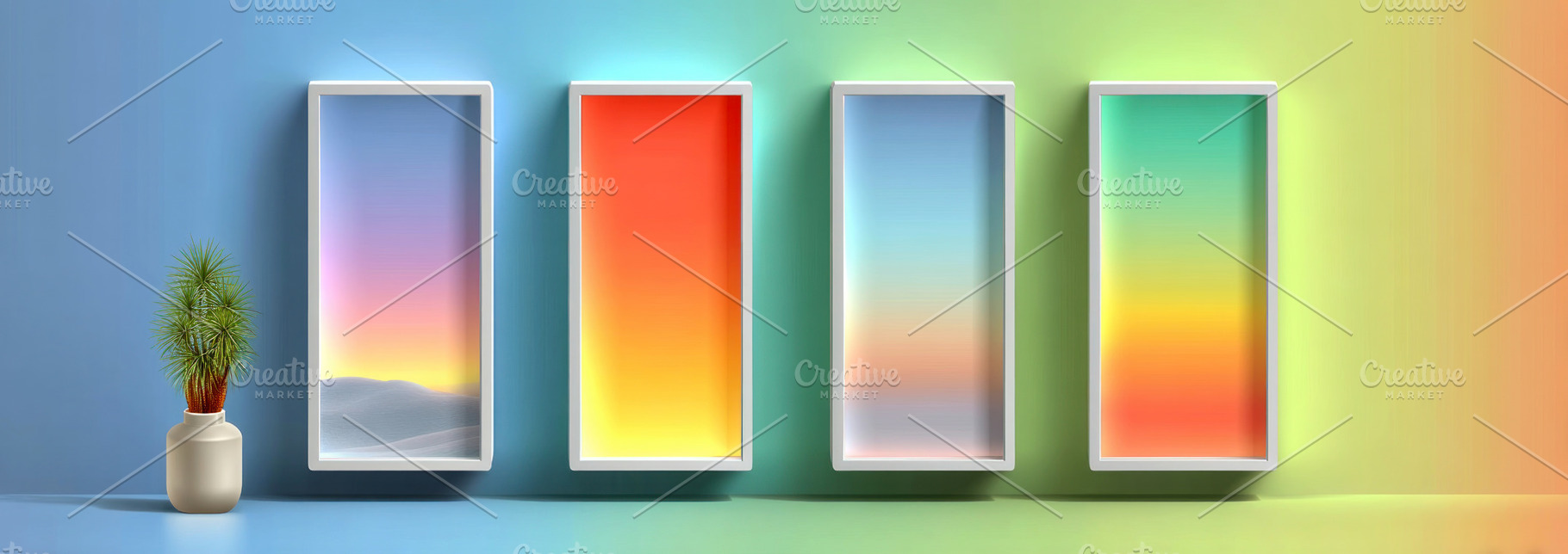 Modern Interior Wall with Colorful Gradient Frames and Potted Pl, a Nature Photo by José Manuel Gelpi