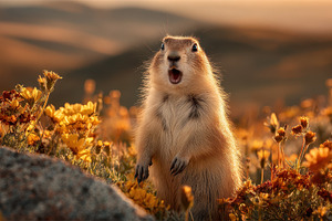 Prairie dog surprised in sunset wild, a Photo by Pixeness Studio