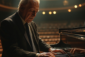 An elderly Caucasian man deeply absorbed in playing a grand piano on a dimly li, a Background Photo by ImageMir