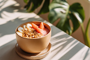 Savoring a delicious smoothie bowl topped with granola and fresh fruit on a sun, a Food & Drink Photo by AlyaAnd