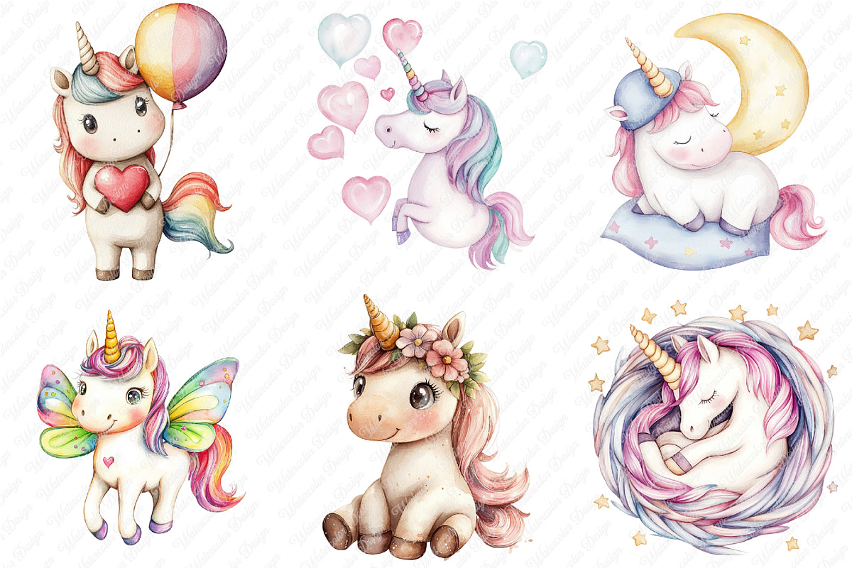 Watercolor Cute Unicorn Clipart, an Illustration by Watercolor design (Photo 4 of 11)