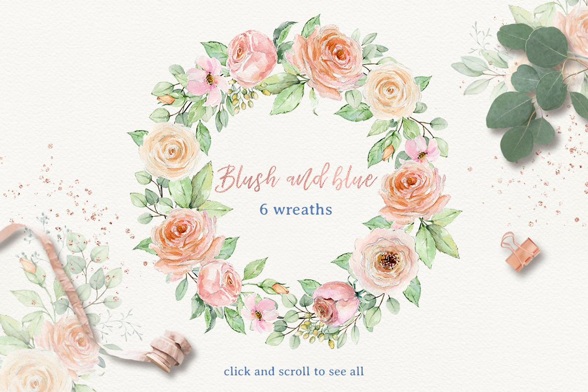 Blush and blue - watercolor clipart, a Decorative Illustration by long summer (Photo 5 of 8)