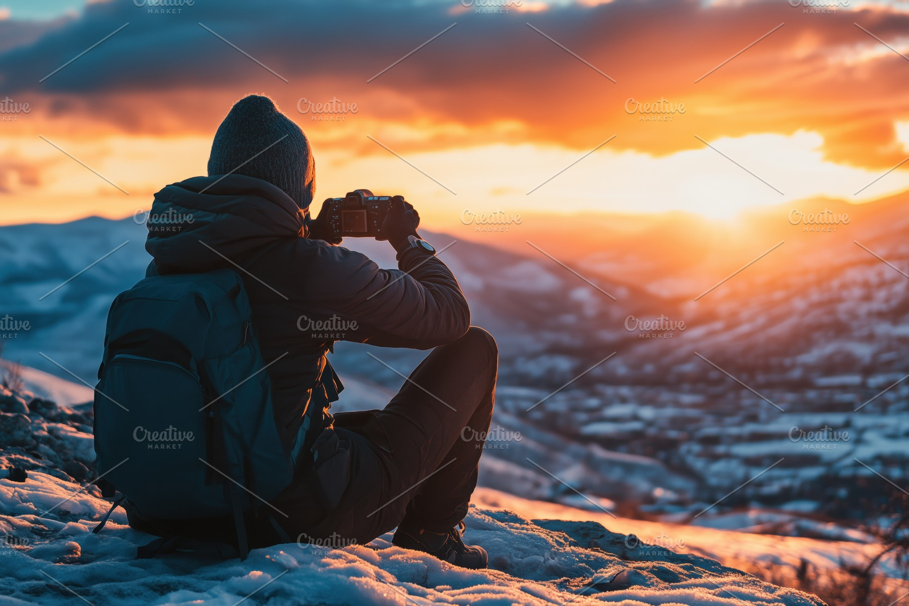 A person sitting on a snowy mountain ledge, taking photos of a vibrant sunset., a Person Photo by Textures & Backgrounds