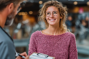 Smiling woman with glasses consulting with a health professional at a clinic, a Health & Medical Photo by AS photostudio