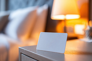 Blank card on bedside table with soft lighting, a Background Photo by AlyaAnd