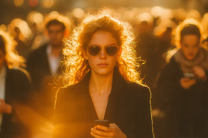 Young woman wearing sunglasses walking in a crowd with sunlight glow, a Person Photo by AS photostudio