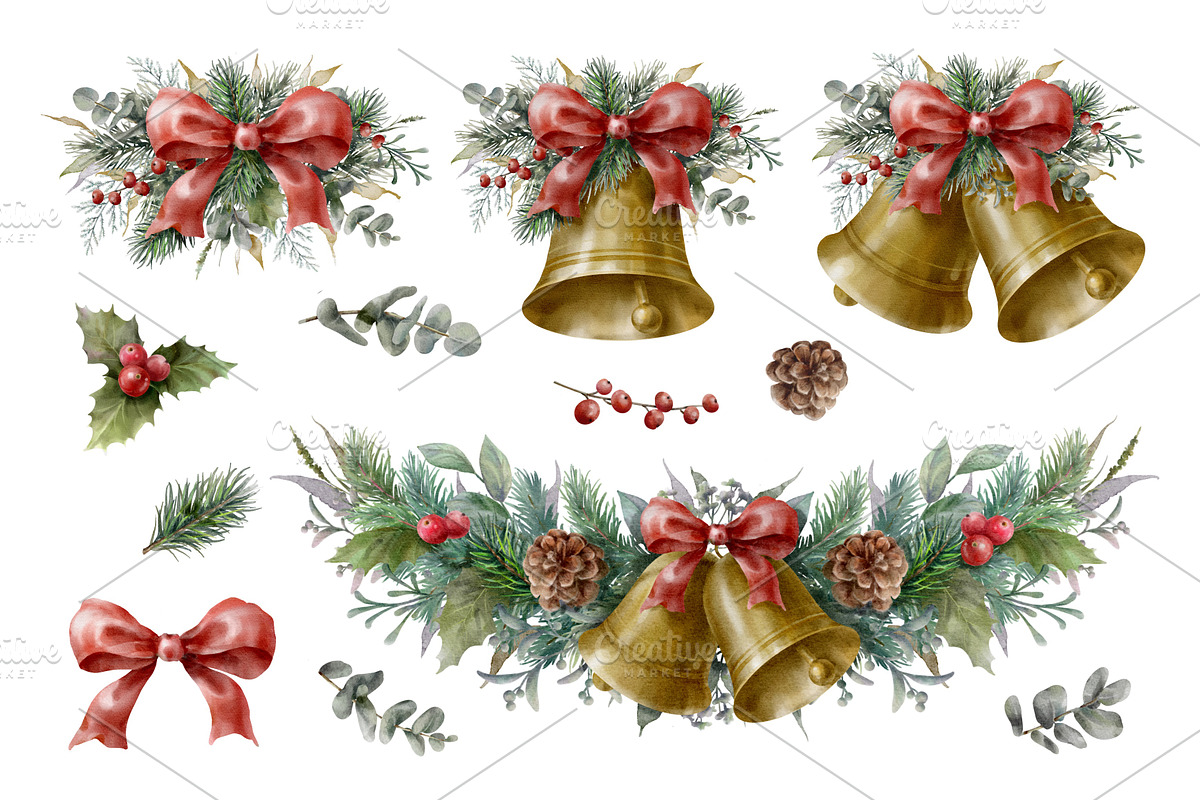 Watercolor Christmas Bells Clipart., a Decorative Illustration by VetaDesign (Photo 2 of 9)