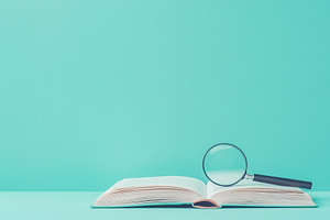 Open book with a magnifying glass, a Photo by Pavel_design