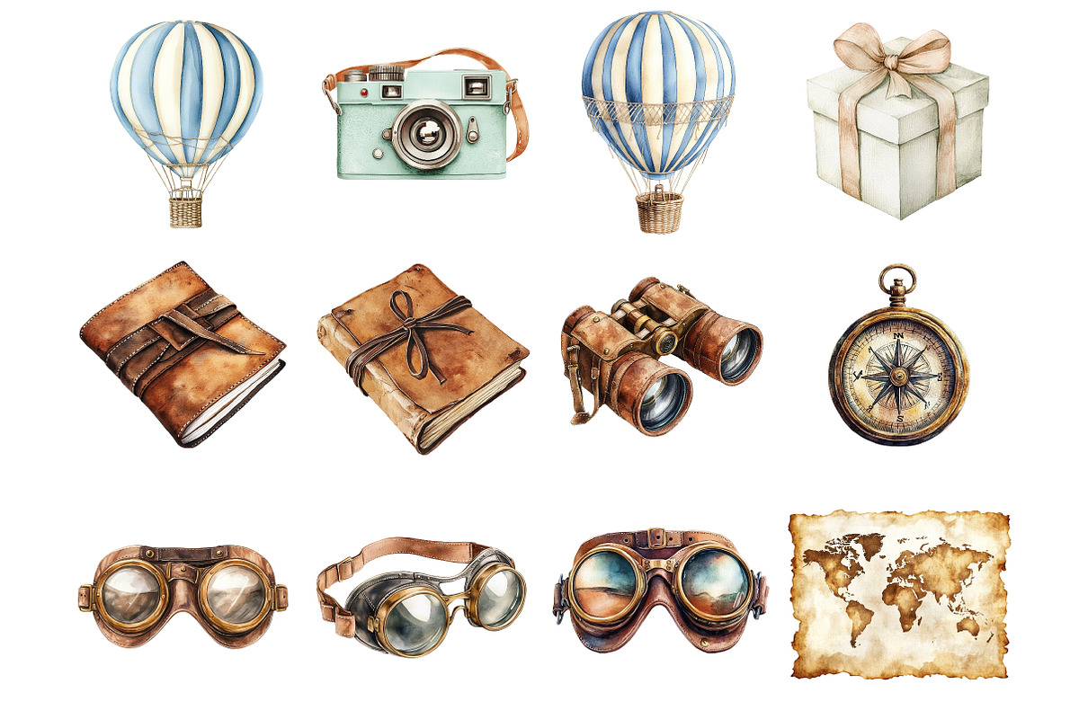 Watercolor Vintage Travel Clipart, a Seasonal Illustration by CitraGraphics (Photo 3 of 4)
