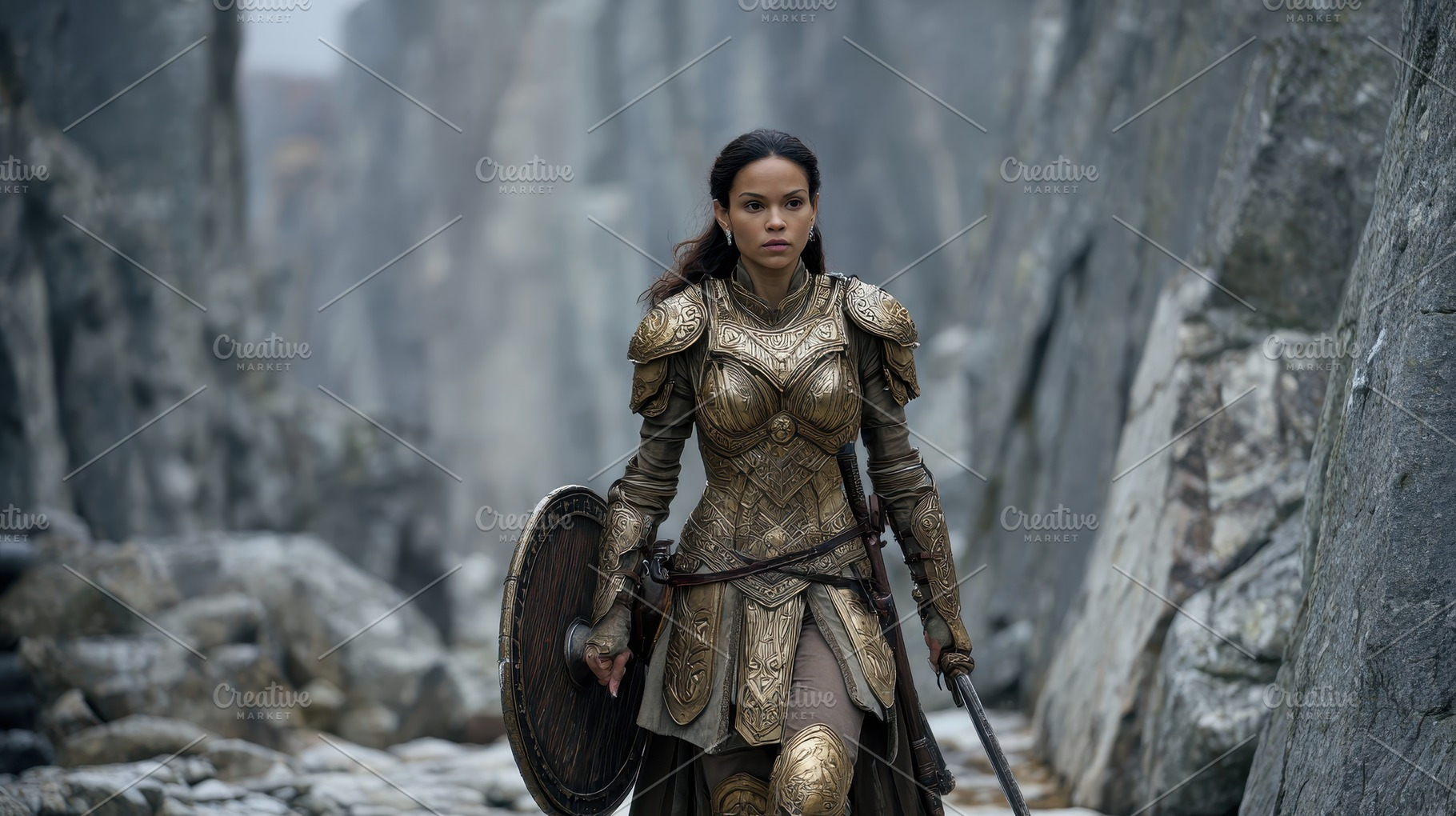 Female warrior in golden armor walks, a Photo by Pixeness Studio