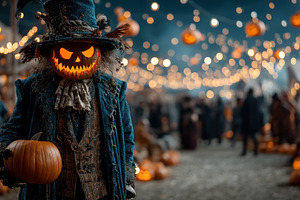 Halloween pumpkin-headed scarecrow in vintage costume holding ja, a Holiday Photo by José Manuel Gelpi