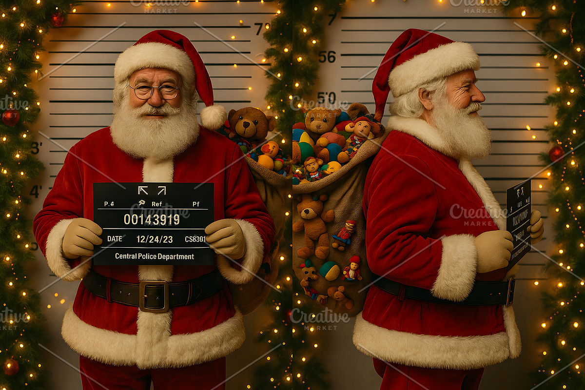 Santa Claus mugshot with toy sack against decorated background, a Holiday Photo by GoodGoods (Photo 2 of 2)