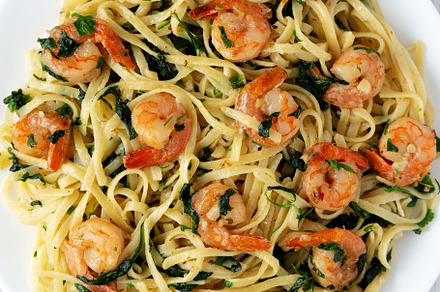 Homemade One-Pot Lemon Garlic Shrimp Pasta on a Plate on a white, a Food & Drink Photo by LiudmylaChuhunova