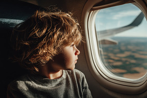 Child looking out airplane window ai, a Photo by Pixeness Studio