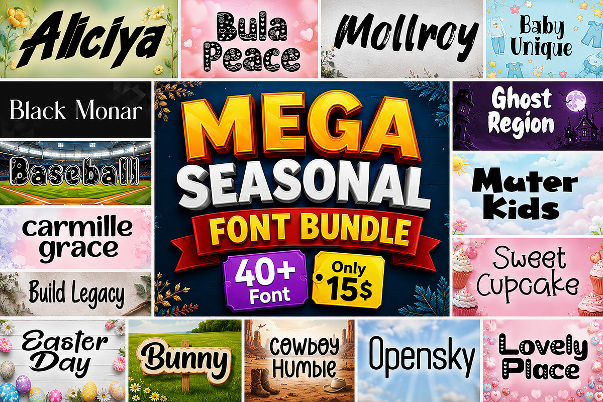 Mega Seasonal Font Bundle, a Sans Serif Font by Wow Magic (Photo 1 of 20)