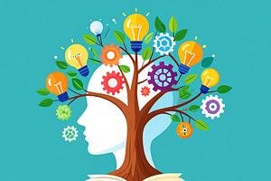 Human head growing branches symbolizing knowledge and personal d, an Education Illustration by DanFLCreativo