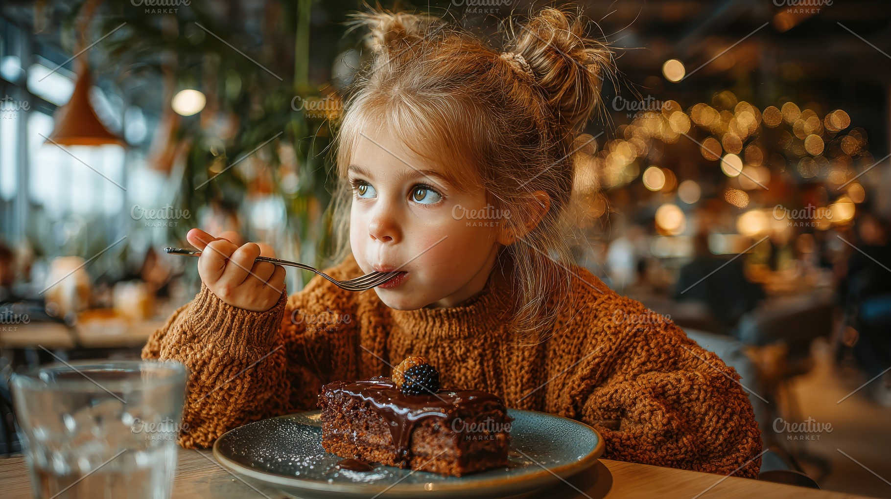 Cute girl enjoying chocolate cake in, a Photo by Pixeness Studio