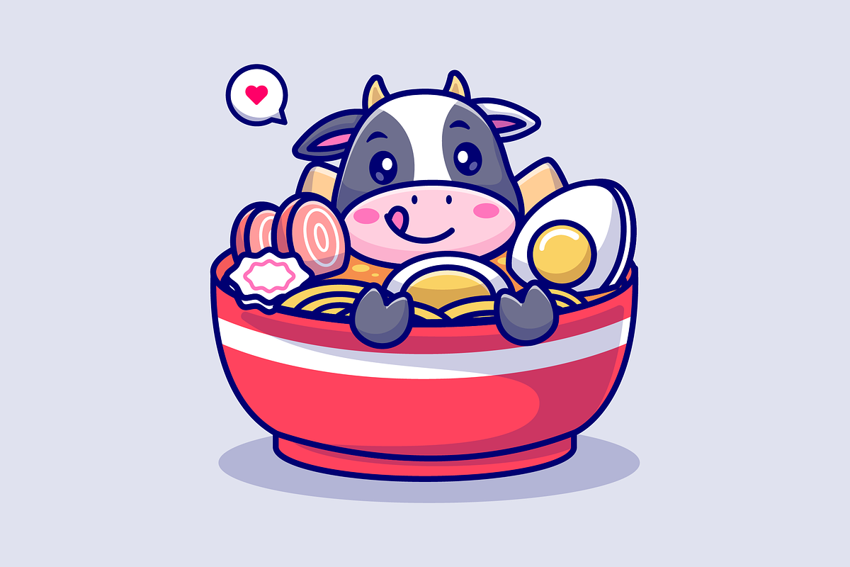 Cute Cow In Ramen Noodle Bowl, an Animal Illustration by Catalyst Labs