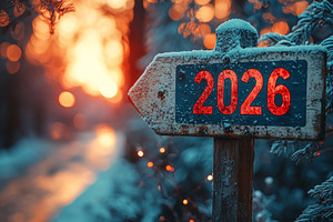 Wooden arrow sign marked 2026 with red numbers covered in snow o, an Abstract Photo by José Manuel Gelpi