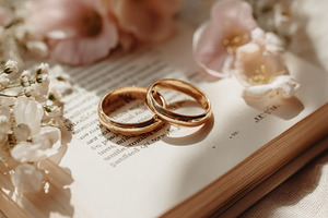 Wedding rings on antique book, a Beauty & Fashion Photo by Virgo Studio