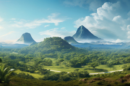Tropical jungle with river and mountains under blue sky natural, a Photo by Dvoevnore photos