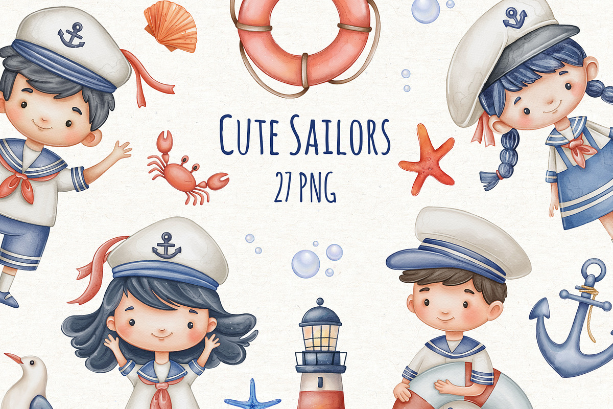 Cute Sailors Watercolor Clipart, a Person Illustration by ekossa_art (Photo 1 of 7)