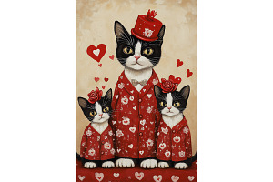 Tuxedo Mother Cat and Kittens Art, an Animal Illustration by Art Paradise Studios