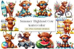 Summer Highland Cow Clipart, a Seasonal Illustration by DreamArtGraphic