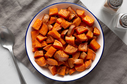 Homemade Roasted Sweet Potatoes on a Plate, top view., a Food & Drink Photo by LiudmylaChuhunova