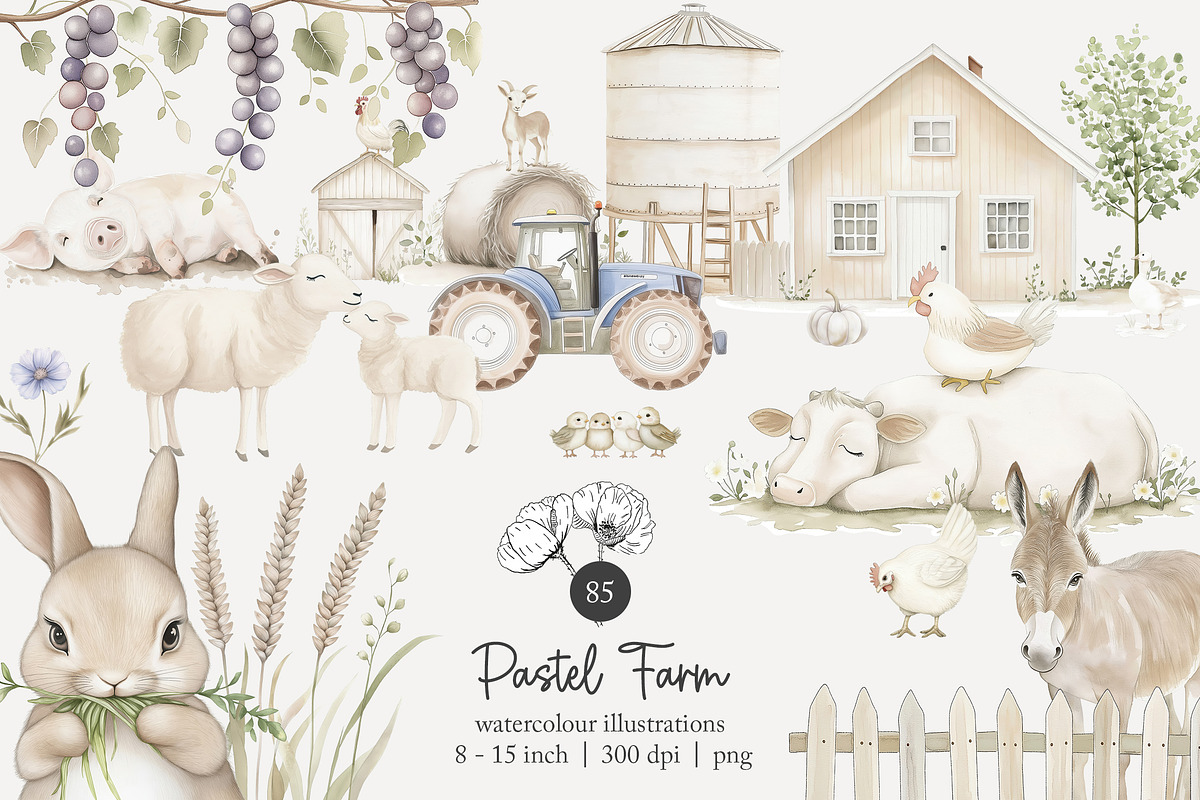 85 pastel farm animals clip art, an Animal Illustration by Poppy Lane Studio (Photo 1 of 11)