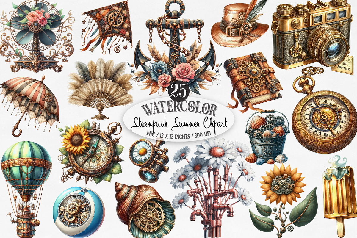 Steampunk Summer Clipart, an Illustration by Designking (Photo 1 of 4)