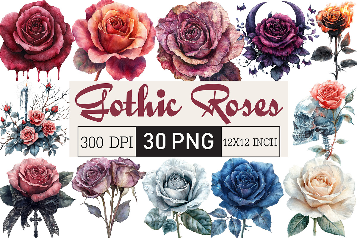 Gothic Roses Clipart Bundle, an Illustration by Black Bird Studio (Photo 1 of 6)