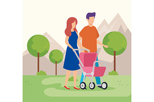 Parents Couple With Cart Baby In The