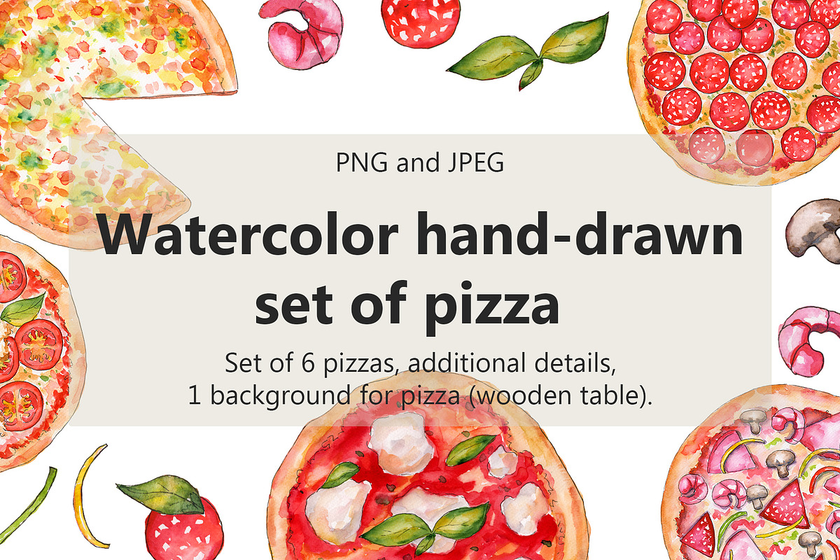 Watercolor pizza set, a Food Illustration by Olha's watercolor (Photo 1 of 4)